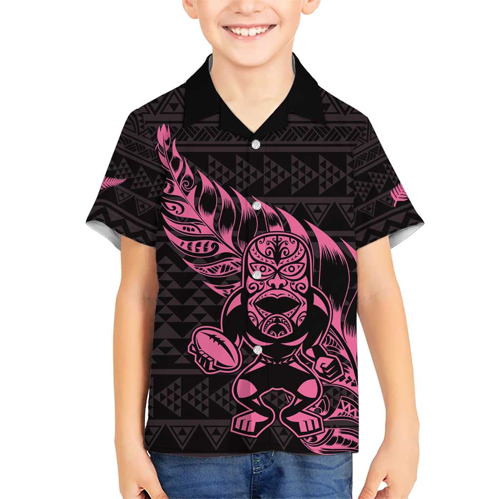 New Zealand Rugby Warrior Custom Kid Hawaiian Shirt Pink Fern Taniko Motif