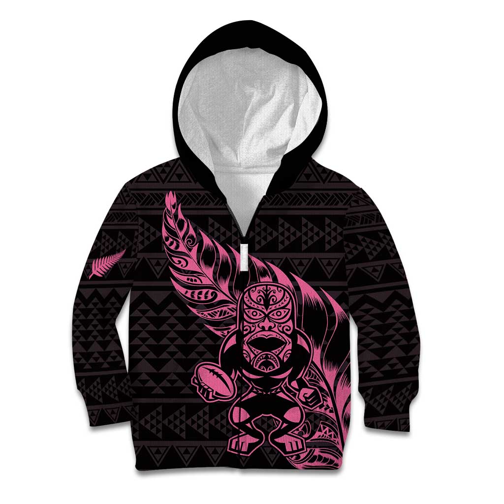 New Zealand Rugby Warrior Custom Kid Hoodie Pink Fern Taniko Motif