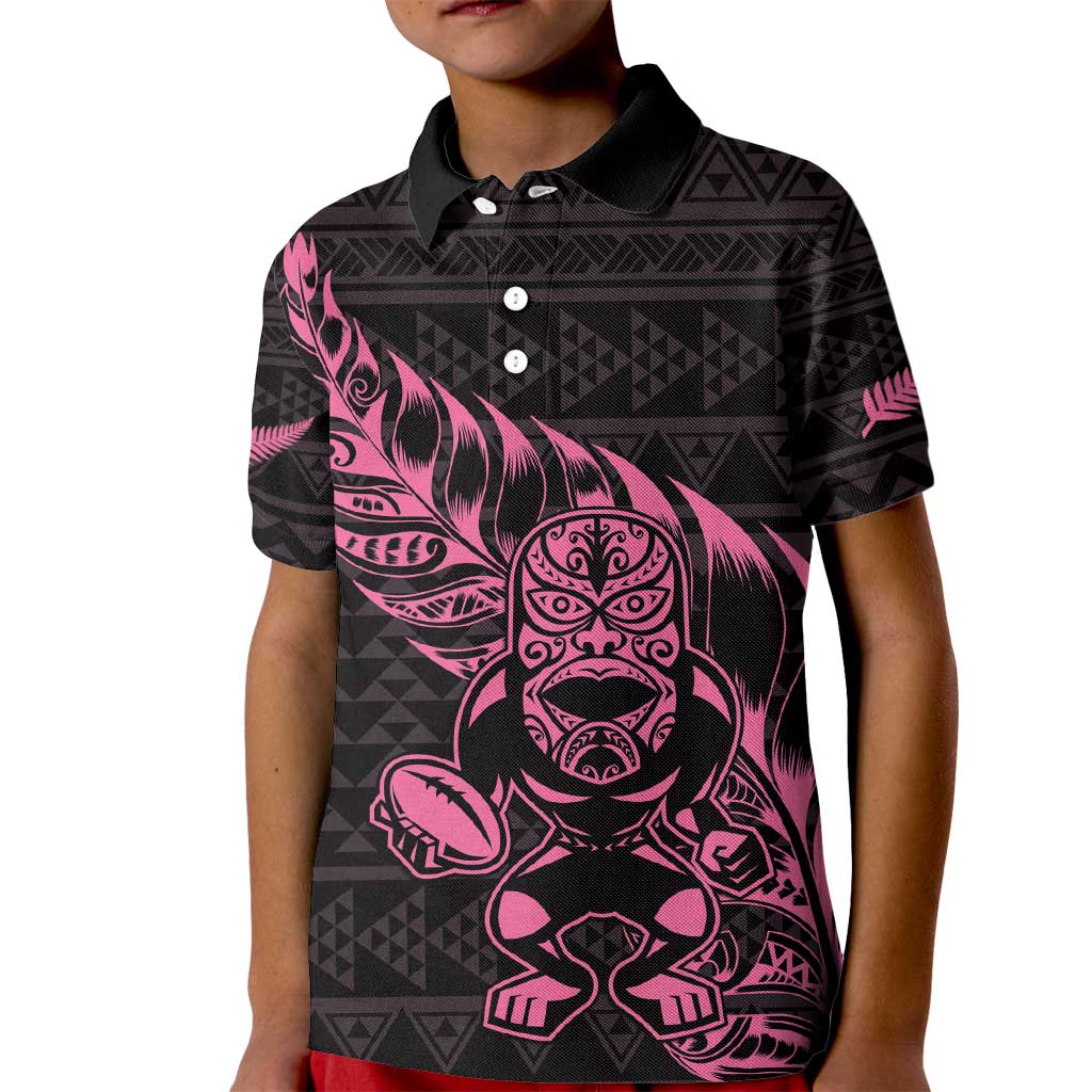 New Zealand Rugby Warrior Custom Kid Polo Shirt Pink Fern Taniko Motif