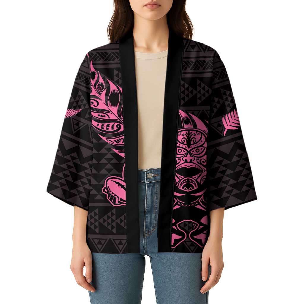 New Zealand Rugby Warrior Custom Kimono Pink Fern Taniko Motif - Polynesian Pride