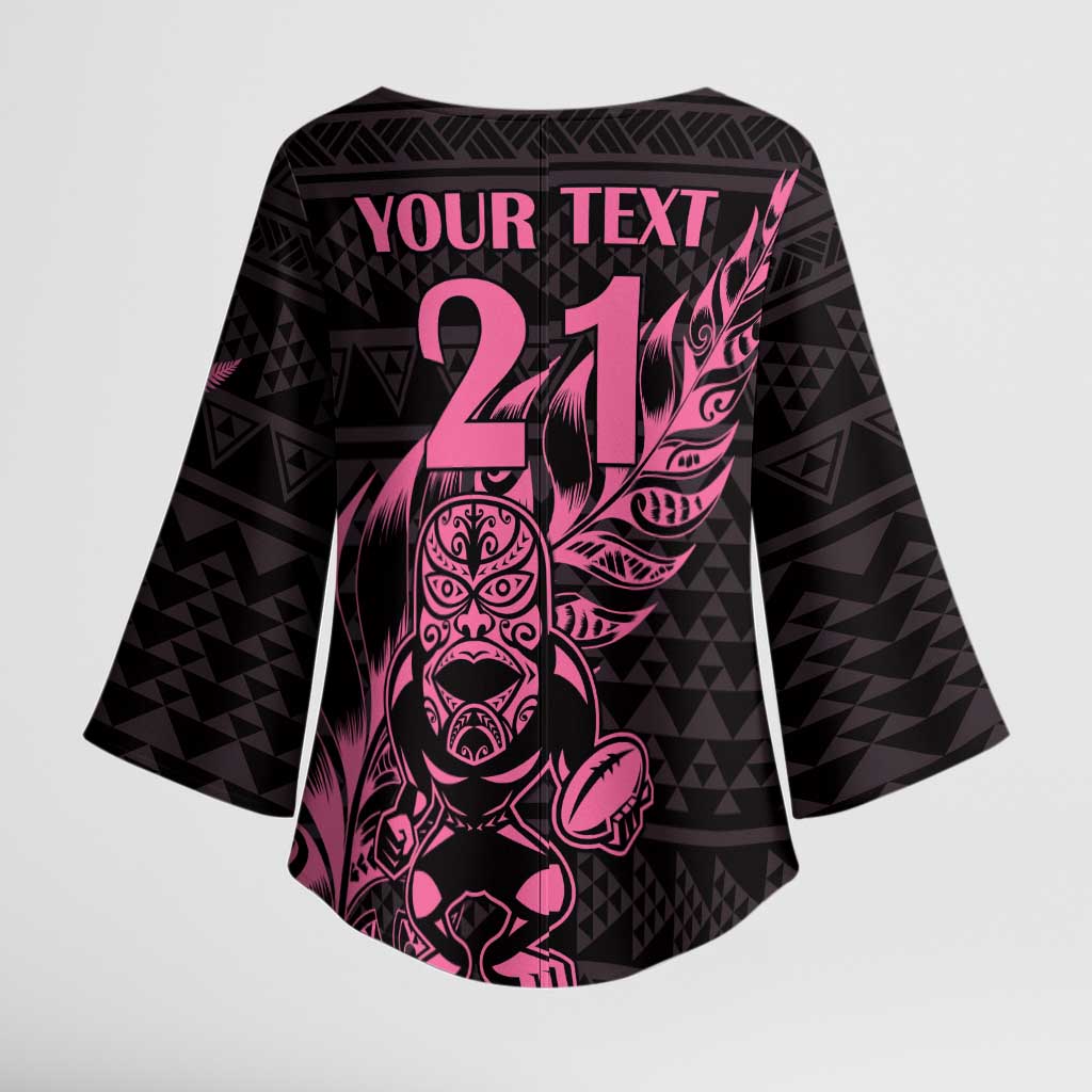New Zealand Rugby Warrior Custom Kimono Sleeve Blouse Pink Fern Taniko Motif - Polynesian Pride