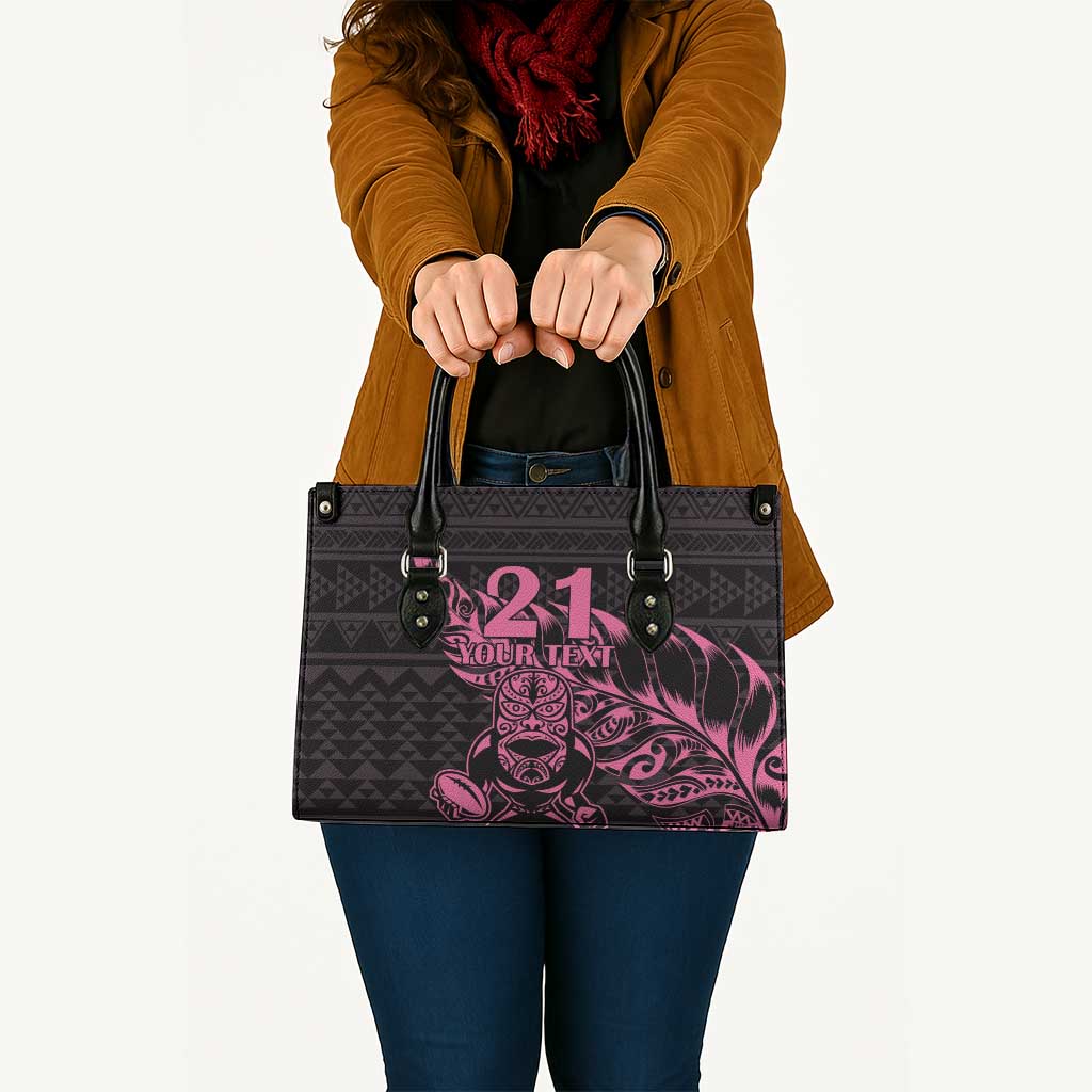 New Zealand Rugby Warrior Custom Leather Bag Pink Fern Taniko Motif - Polynesian Pride