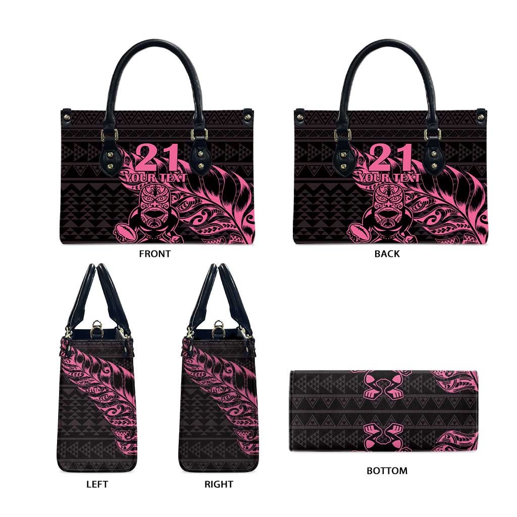 New Zealand Rugby Warrior Custom Leather Bag Pink Fern Taniko Motif - Polynesian Pride