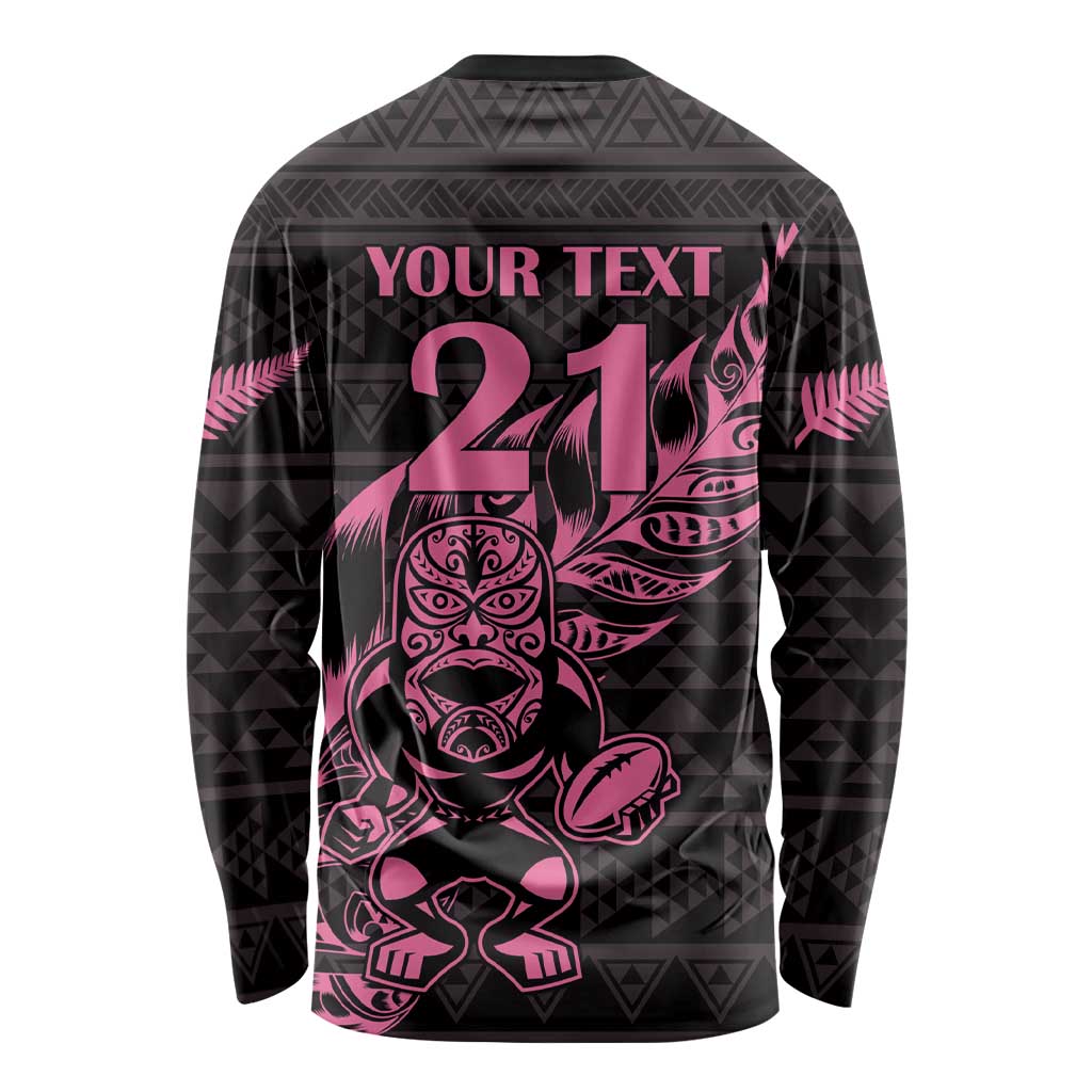 New Zealand Rugby Warrior Custom Long Sleeve Shirt Pink Fern Taniko Motif