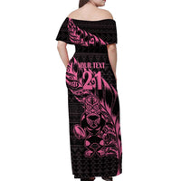 New Zealand Rugby Warrior Custom Off Shoulder Maxi Dress Pink Fern Taniko Motif