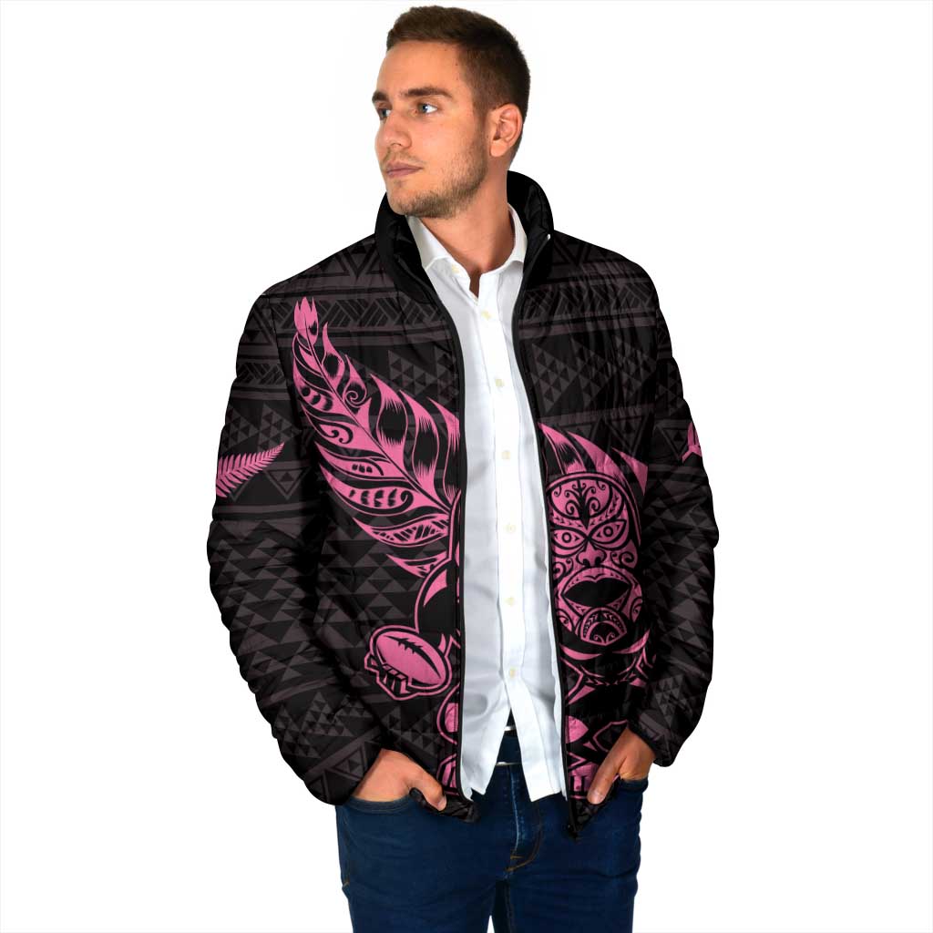 New Zealand Rugby Warrior Custom Padded Jacket Pink Fern Taniko Motif - Polynesian Pride