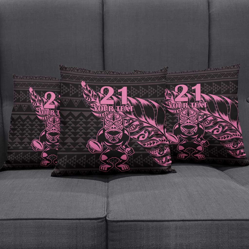 New Zealand Rugby Warrior Custom Pillow Cover Pink Fern Taniko Motif - Polynesian Pride