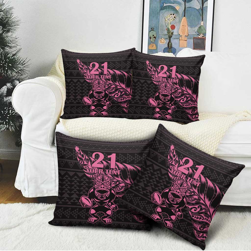 New Zealand Rugby Warrior Custom Pillow Cover Pink Fern Taniko Motif - Polynesian Pride