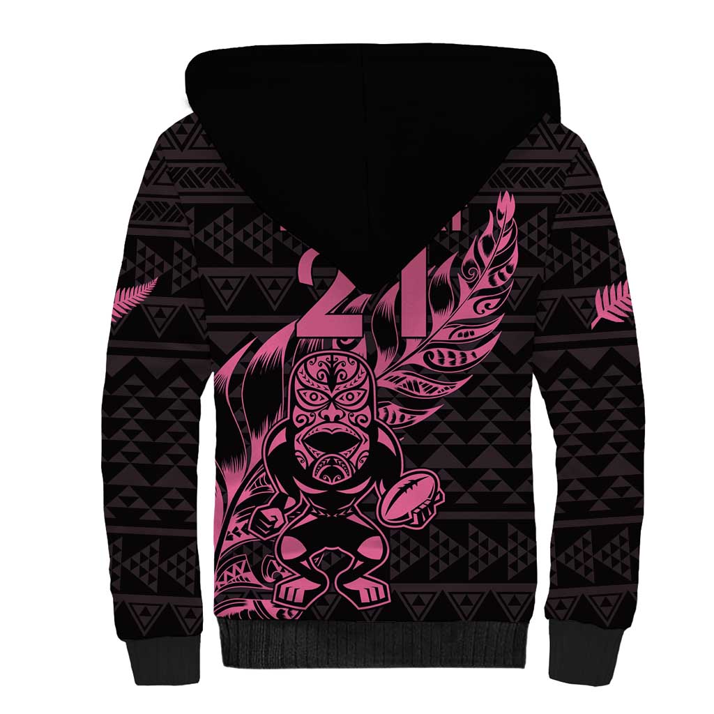 New Zealand Rugby Warrior Custom Sherpa Hoodie Pink Fern Taniko Motif LT9 - Polynesian Pride