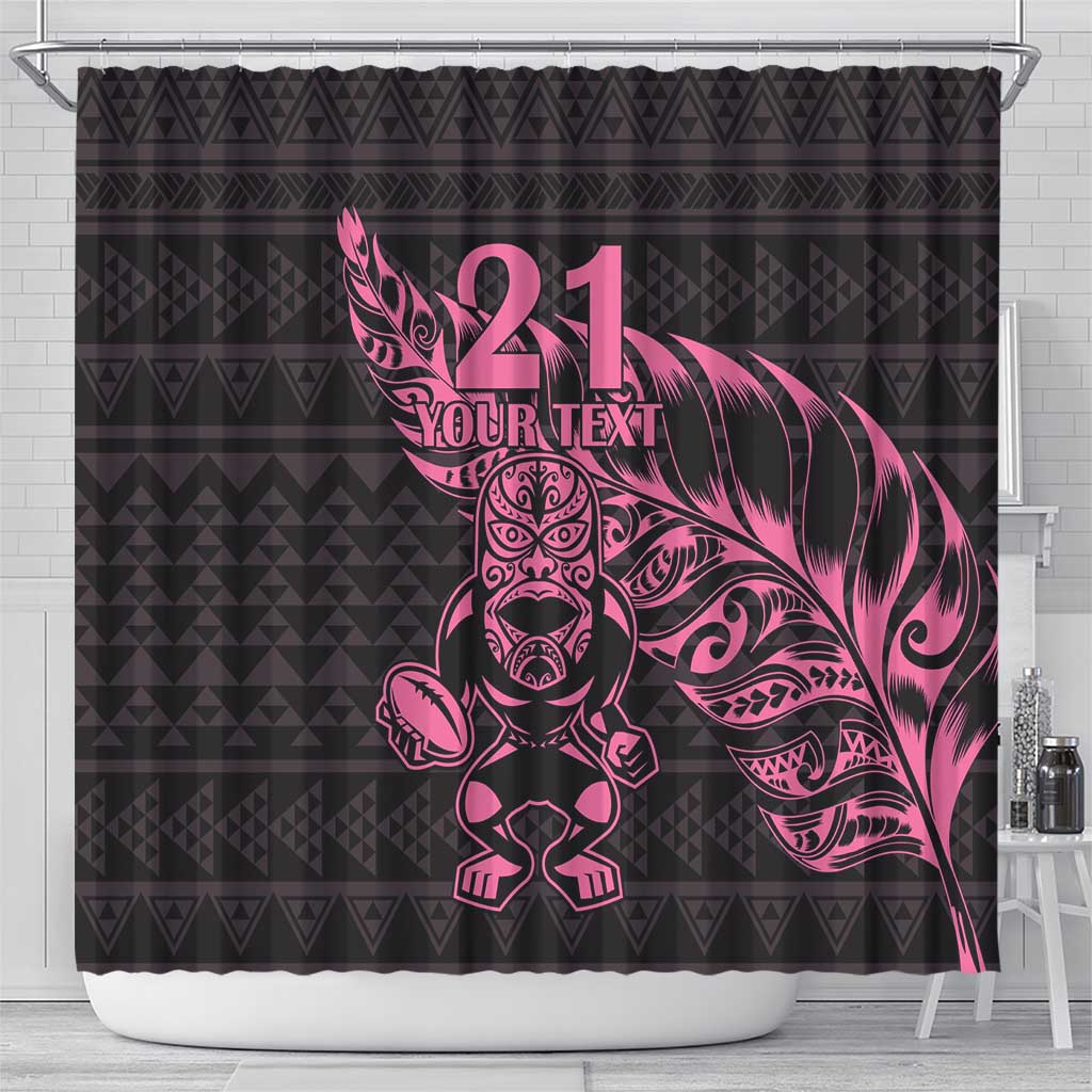 New Zealand Rugby Warrior Custom Shower Curtain Pink Fern Taniko Motif