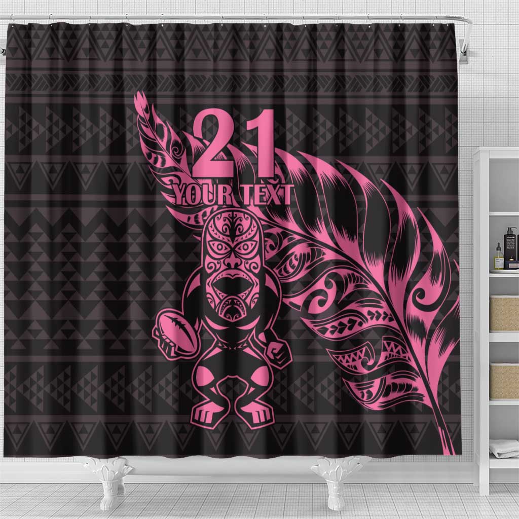 New Zealand Rugby Warrior Custom Shower Curtain Pink Fern Taniko Motif