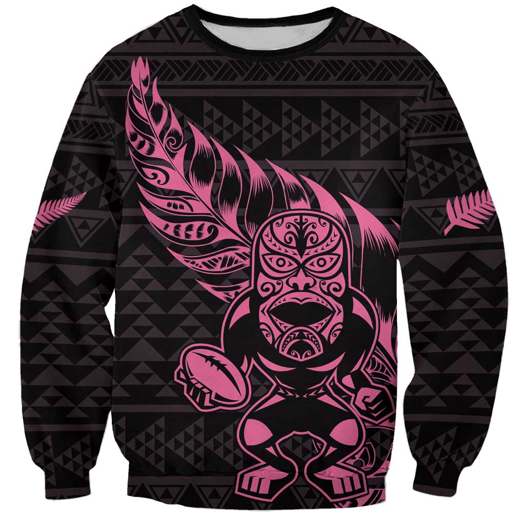 New Zealand Rugby Warrior Custom Sweatshirt Pink Fern Taniko Motif