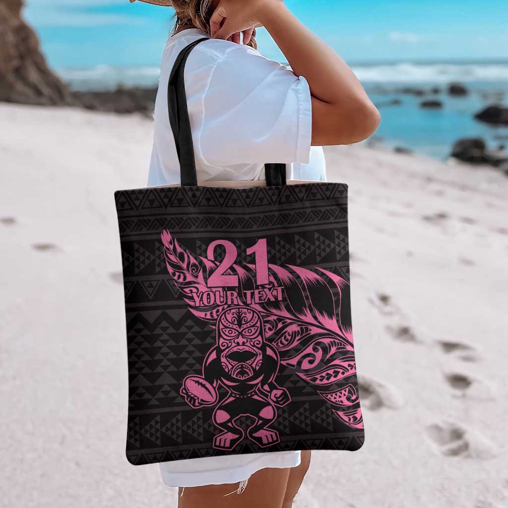 New Zealand Rugby Warrior Custom Tote Bag Pink Fern Taniko Motif - Polynesian Pride