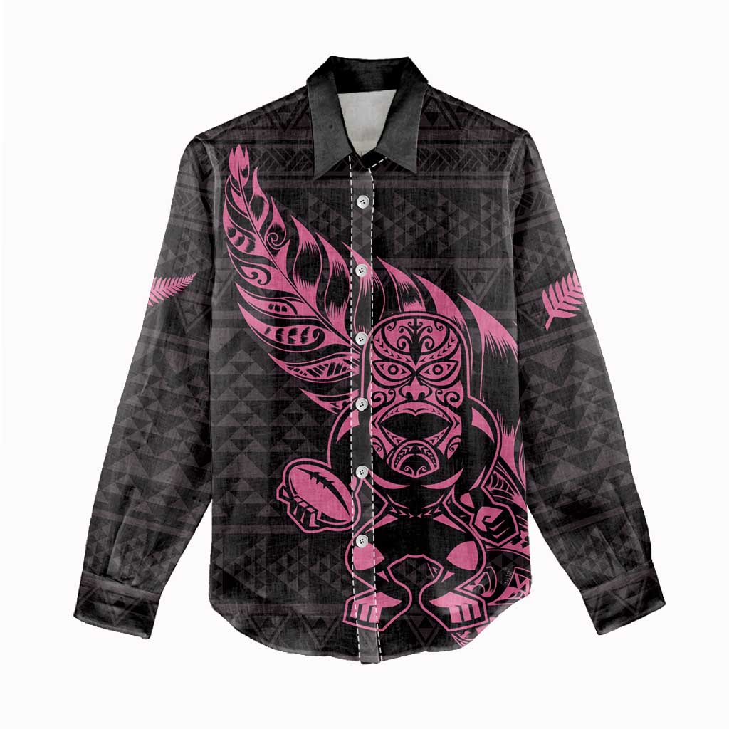 New Zealand Rugby Warrior Custom Women Casual Shirt Pink Fern Taniko Motif