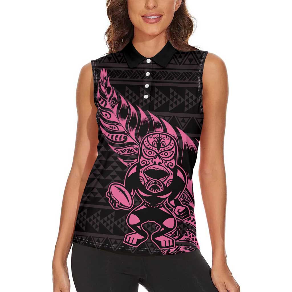 New Zealand Rugby Warrior Custom Women Sleeveless Polo Shirt Pink Fern Taniko Motif