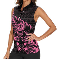 New Zealand Rugby Warrior Custom Women Sleeveless Polo Shirt Pink Fern Taniko Motif
