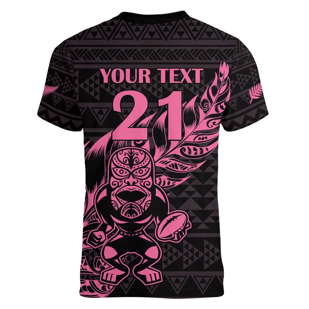 New Zealand Rugby Warrior Custom Women V-Neck T-Shirt Pink Fern Taniko Motif