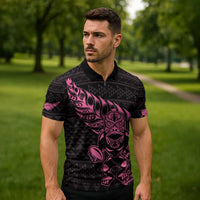 New Zealand Rugby Warrior Custom Zipper Polo Shirt Pink Fern Taniko Motif - Polynesian Pride