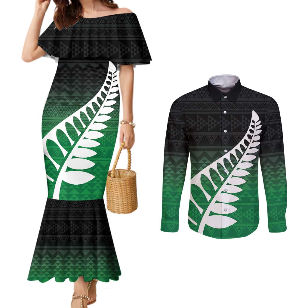 Green Silver Fern Spirit Taniko Tukutuku Personalised Couples Matching Mermaid Dress and Long Sleeve Button Shirt