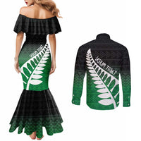 Green Silver Fern Spirit Taniko Tukutuku Personalised Couples Matching Mermaid Dress and Long Sleeve Button Shirt LT9 - Polynesian Pride