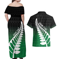 Green Silver Fern Spirit Taniko Tukutuku Personalised Couples Matching Off Shoulder Maxi Dress and Hawaiian Shirt