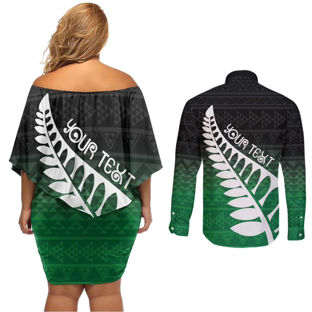 Green Silver Fern Spirit Taniko Tukutuku Personalised Couples Matching Off Shoulder Short Dress and Long Sleeve Button Shirt LT9 - Polynesian Pride