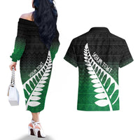Green Silver Fern Spirit Taniko Tukutuku Personalised Couples Matching Off The Shoulder Long Sleeve Dress and Hawaiian Shirt