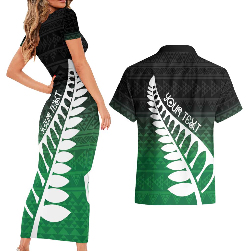 Green Silver Fern Spirit Taniko Tukutuku Personalised Couples Matching Short Sleeve Bodycon Dress and Hawaiian Shirt