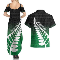 Green Silver Fern Spirit Taniko Tukutuku Personalised Couples Matching Summer Maxi Dress and Hawaiian Shirt