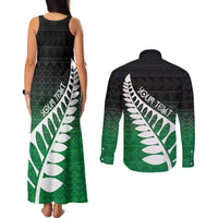 Green Silver Fern Spirit Taniko Tukutuku Personalised Couples Matching Tank Maxi Dress and Long Sleeve Button Shirt LT9 - Polynesian Pride