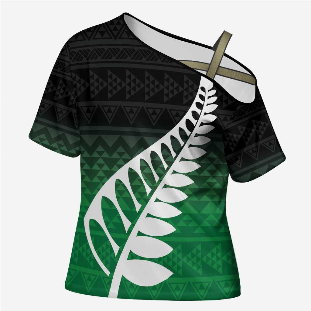 Green Silver Fern Spirit Taniko Tukutuku Personalised Cross Shoulder Shirt - Polynesian Pride