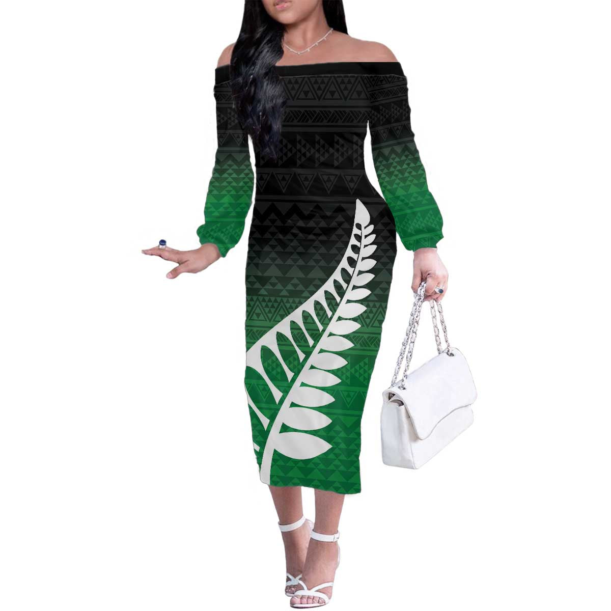 Green Silver Fern Spirit Taniko Tukutuku Personalised Family Matching Off The Shoulder Long Sleeve Dress and Hawaiian Shirt LT9 Mom's Dress Green - Polynesian Pride