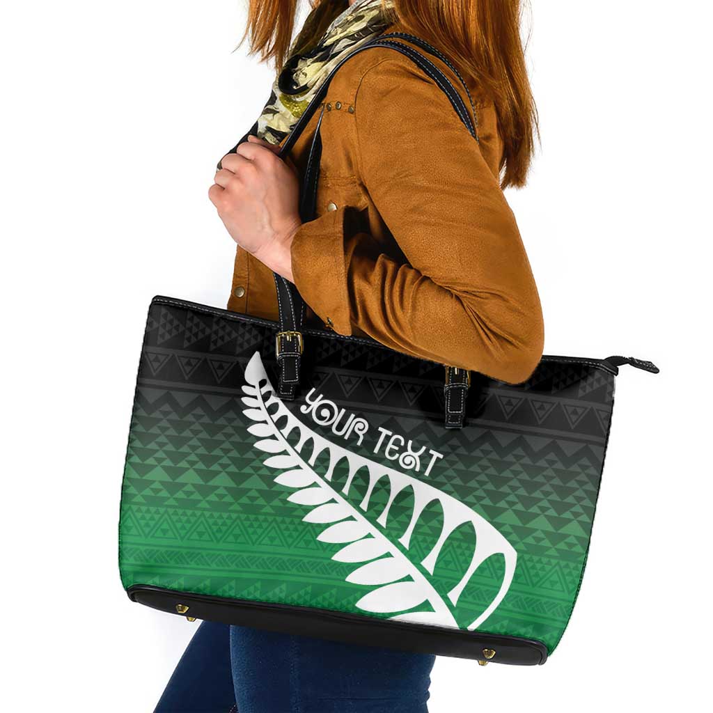 Green Silver Fern Spirit Taniko Tukutuku Personalised Leather Tote Bag