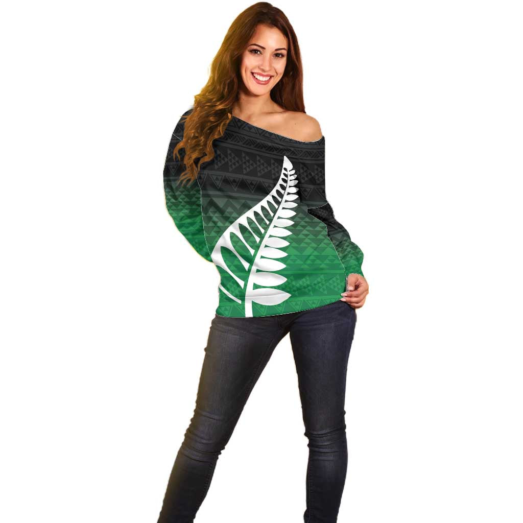 Green Silver Fern Spirit Taniko Tukutuku Personalised Off Shoulder Sweater