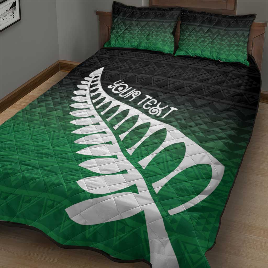 Green Silver Fern Spirit Taniko Tukutuku Personalised Quilt Bed Set