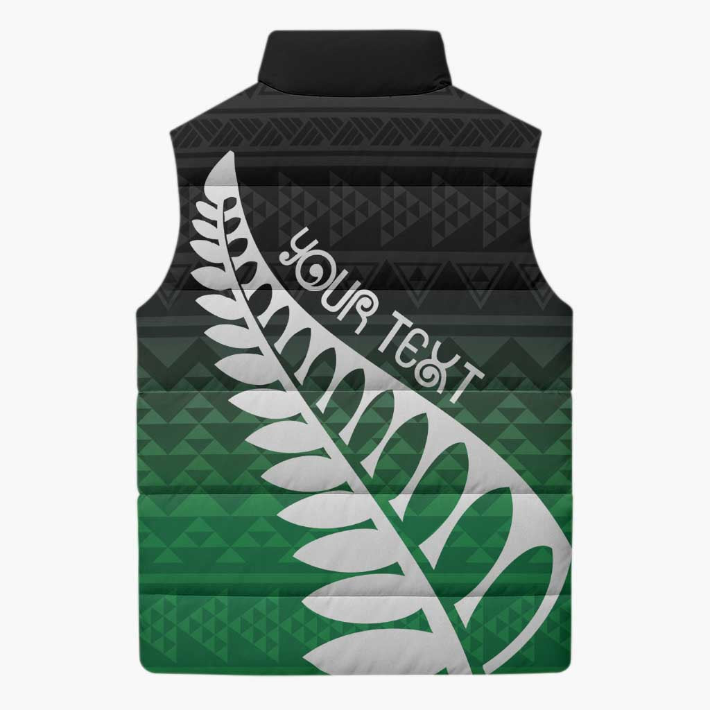 Green Silver Fern Spirit Taniko Tukutuku Personalised Sleeveless Puffer Jacket - Polynesian Pride