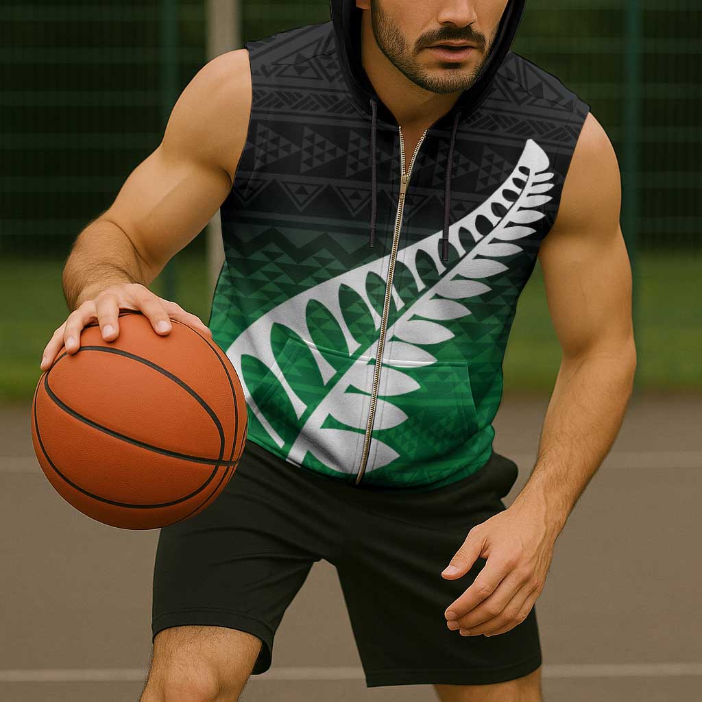 Green Silver Fern Spirit Taniko Tukutuku Personalised Sleeveless Zip Hoodie - Polynesian Pride