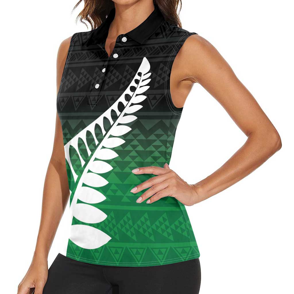 Green Silver Fern Spirit Taniko Tukutuku Personalised Women Sleeveless Polo Shirt LT9 - Polynesian Pride