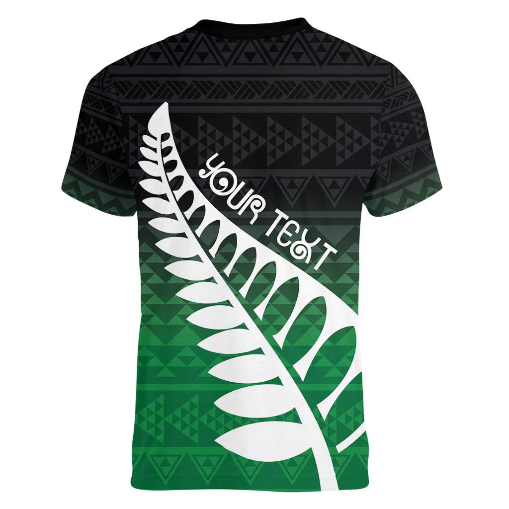 Green Silver Fern Spirit Taniko Tukutuku Personalised Women V-Neck T-Shirt LT9 - Polynesian Pride