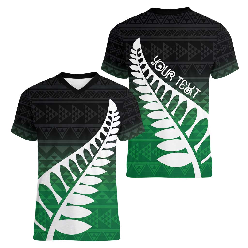 Green Silver Fern Spirit Taniko Tukutuku Personalised Women V-Neck T-Shirt LT9 - Polynesian Pride