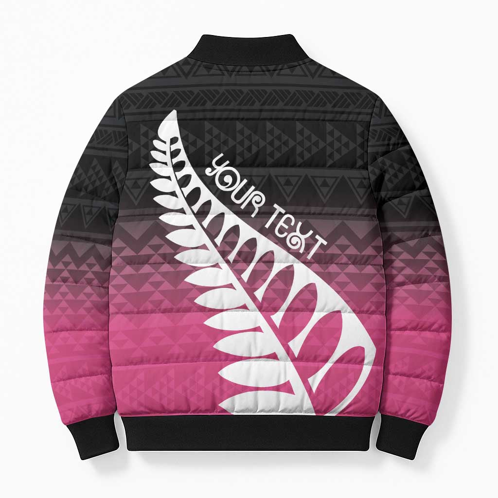 Pink Silver Fern Spirit Taniko Tukutuku Personalised Bomber Puffer Jacket - Polynesian Pride