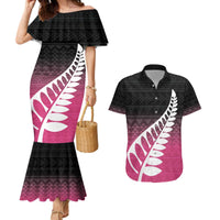 Pink Silver Fern Spirit Taniko Tukutuku Personalised Couples Matching Mermaid Dress and Hawaiian Shirt
