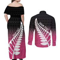 Pink Silver Fern Spirit Taniko Tukutuku Personalised Couples Matching Off Shoulder Maxi Dress and Long Sleeve Button Shirt