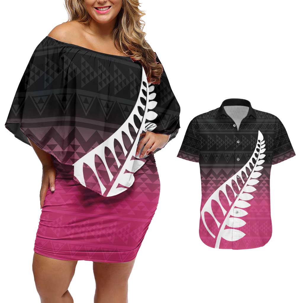 Pink Silver Fern Spirit Taniko Tukutuku Personalised Couples Matching Off Shoulder Short Dress and Hawaiian Shirt