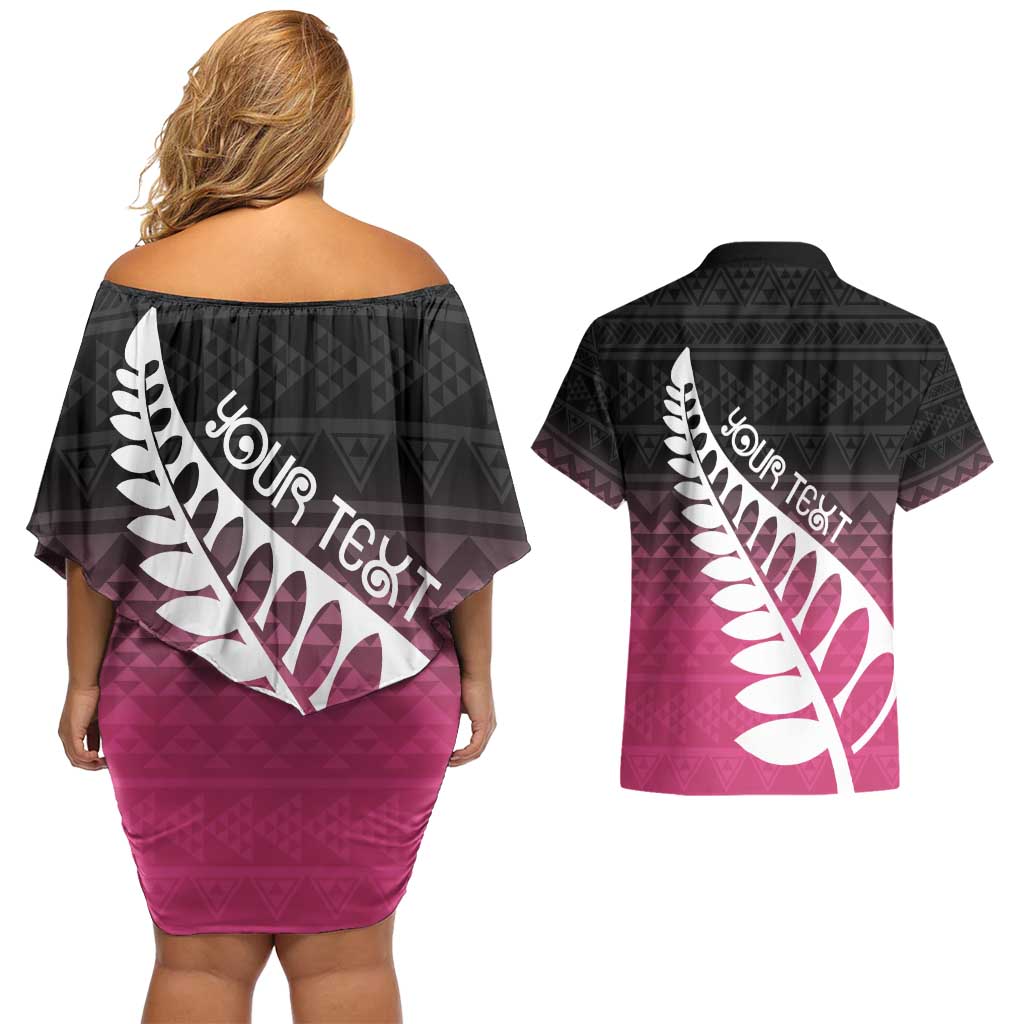 Pink Silver Fern Spirit Taniko Tukutuku Personalised Couples Matching Off Shoulder Short Dress and Hawaiian Shirt