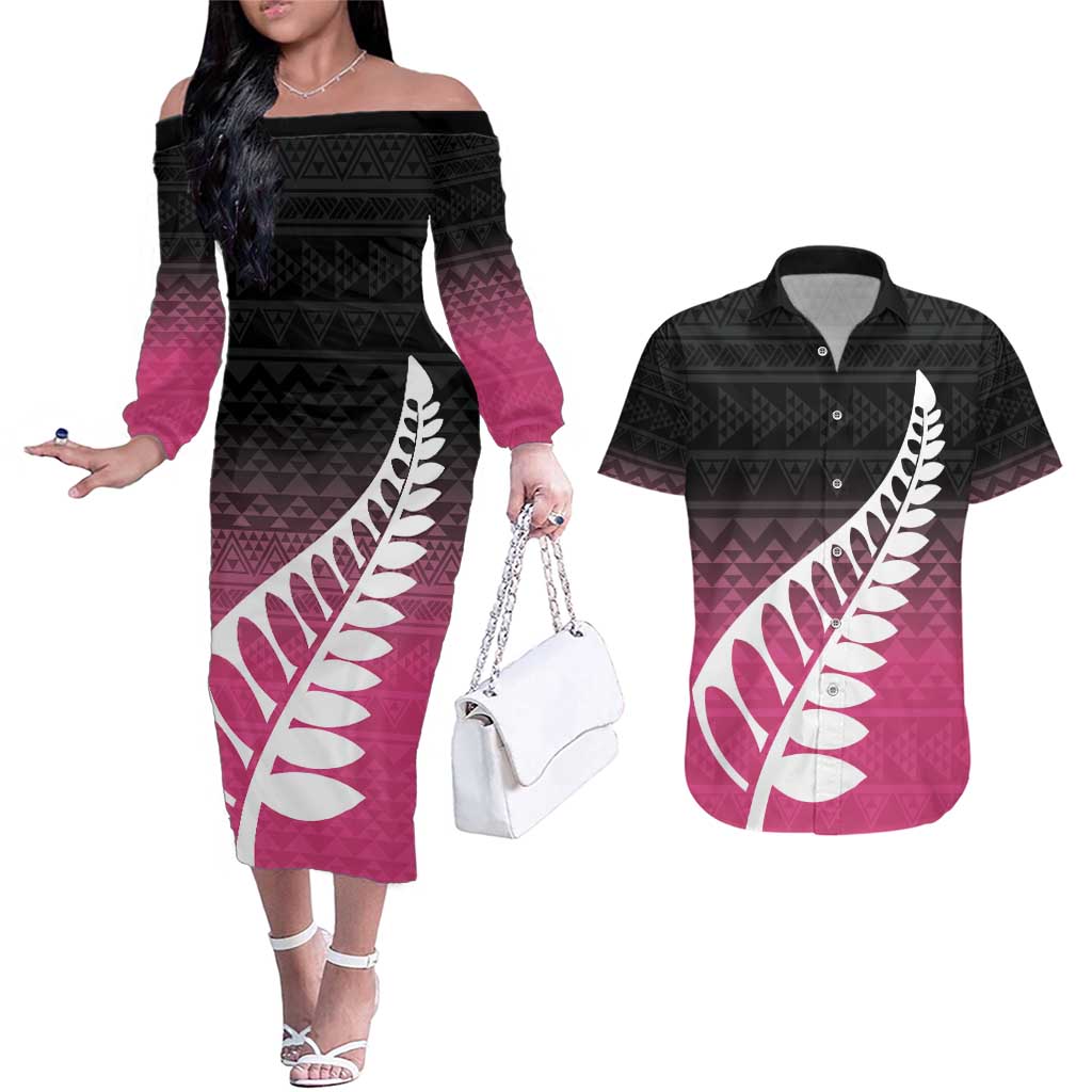 Pink Silver Fern Spirit Taniko Tukutuku Personalised Couples Matching Off The Shoulder Long Sleeve Dress and Hawaiian Shirt