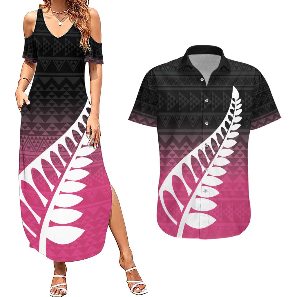 Pink Silver Fern Spirit Taniko Tukutuku Personalised Couples Matching Summer Maxi Dress and Hawaiian Shirt