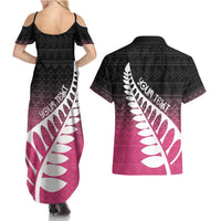 Pink Silver Fern Spirit Taniko Tukutuku Personalised Couples Matching Summer Maxi Dress and Hawaiian Shirt