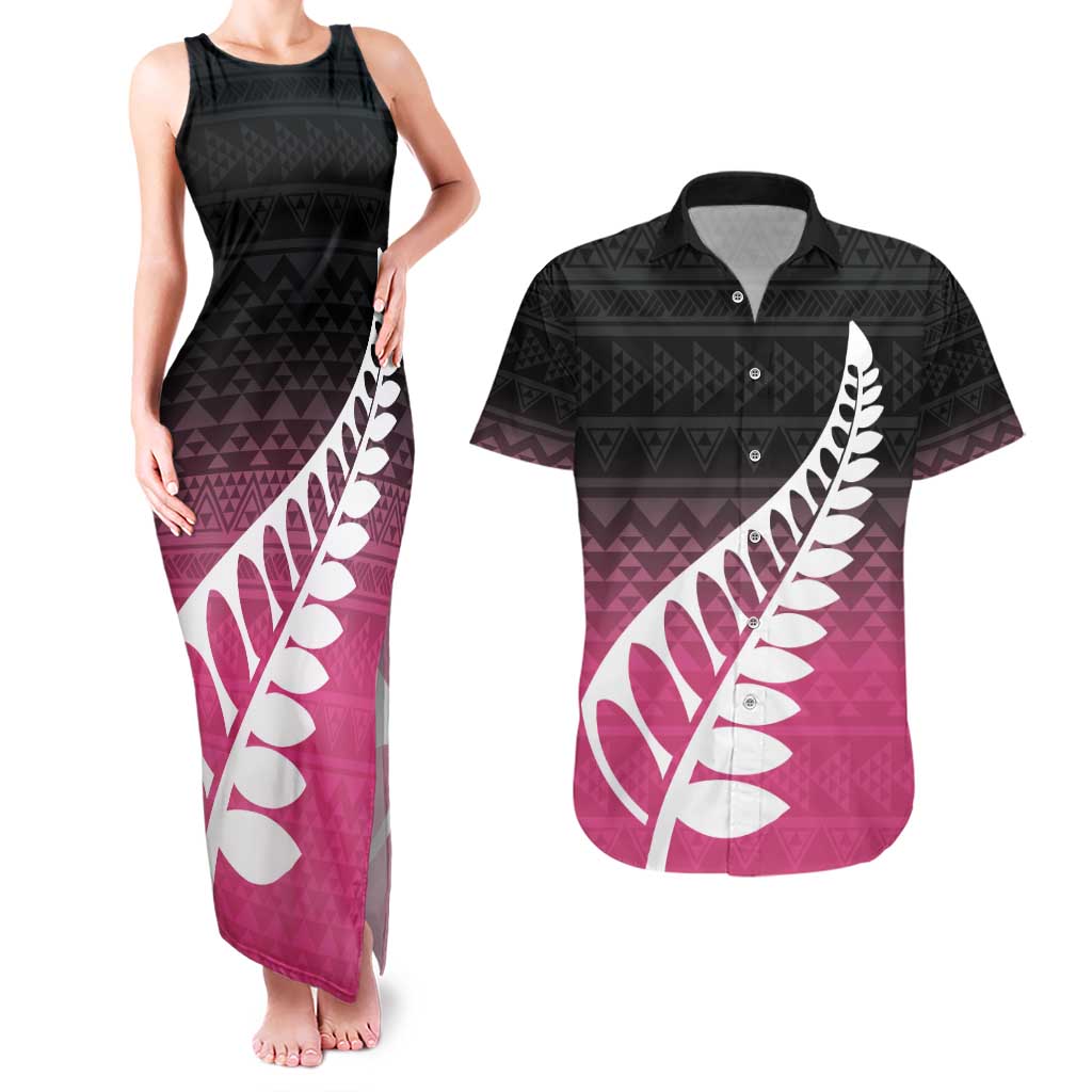 Pink Silver Fern Spirit Taniko Tukutuku Personalised Couples Matching Tank Maxi Dress and Hawaiian Shirt