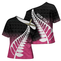 Pink Silver Fern Spirit Taniko Tukutuku Personalised Cross Shoulder Shirt - Polynesian Pride